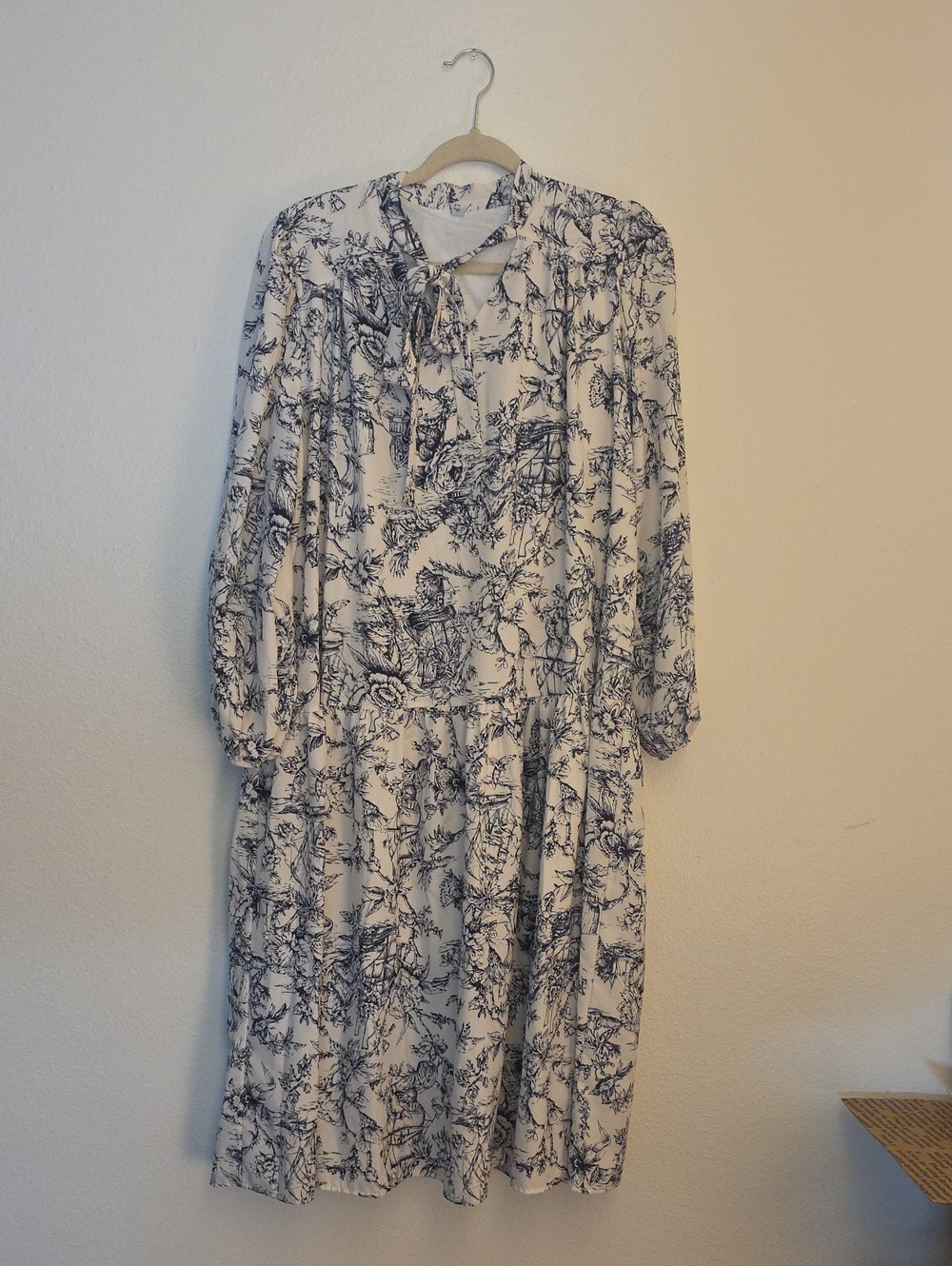 White Long-Sleeve Floral Tie-Neck Midi Dress